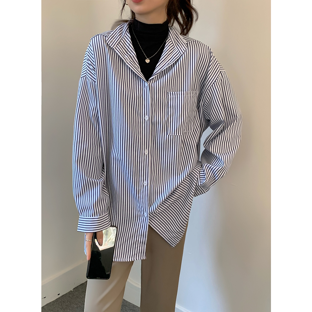 Áo Sơ Mi Nữ Dài Tay Cổ Bẻ Sọc Dọc Thời Trang Hàn