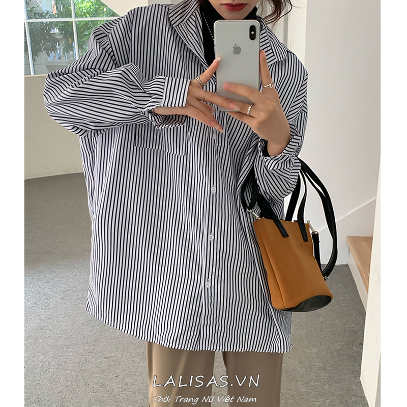 Áo Sơ Mi Nữ Dài Tay Cổ Bẻ Sọc Dọc Thời Trang Hàn