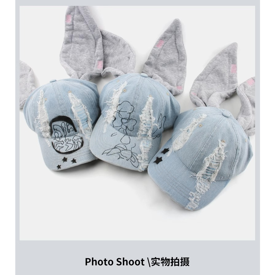 Mũ Bóng Chày Denim Rách Tai Thỏ Phong Cách Hip Hop Mới Dễ Phối Đồ @ -