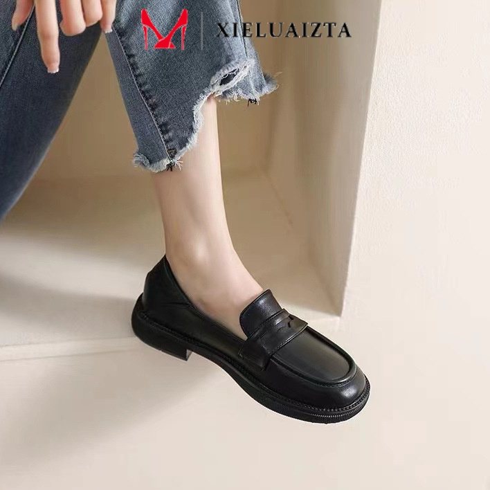 Big Size 35-43 Giày da đế bằng màu đen phong cách