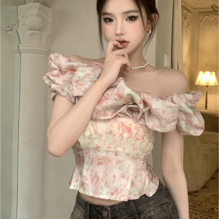 Hàng Có Sẵn Áo Kiểu Trễ Vai Cổ Lá Sen Ngắn Thêu Họa Tiết Mới Mùa Hè
