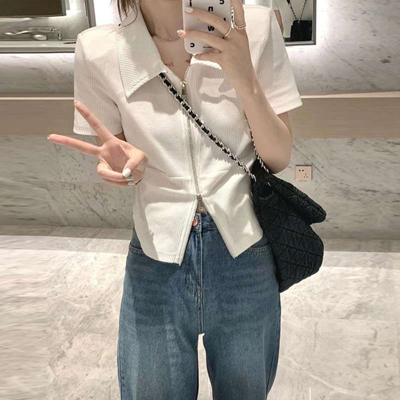 ZHELIHANGFEI Áo Thun Polo Dệt Kim Tay Ngắn Dáng Ôm Phối Khóa Kéo Đôi Thời Trang Mùa Hè Hàn Quốc Cho Nữ