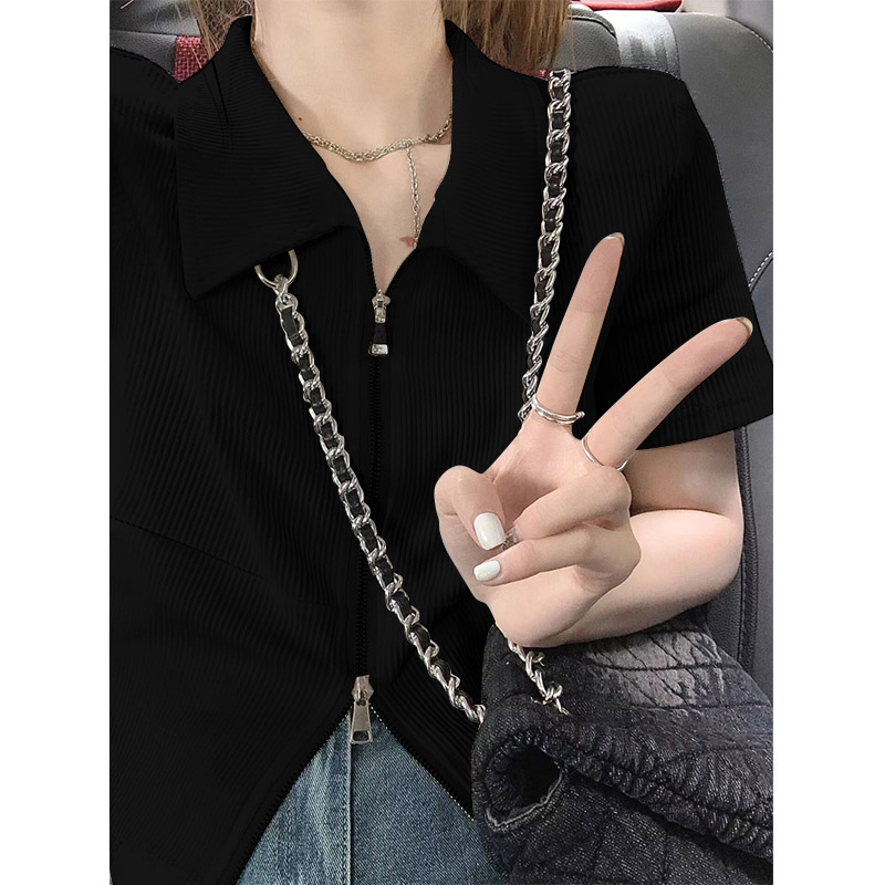 ZHELIHANGFEI Áo Thun Polo Dệt Kim Tay Ngắn Dáng Ôm Phối Khóa Kéo Đôi Thời Trang Mùa Hè Hàn Quốc Cho Nữ