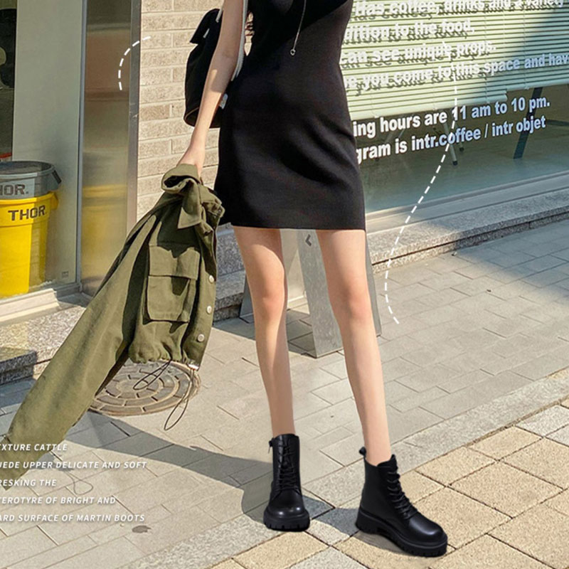 Giày Bốt Martin Da PU Đế Thấp Cột Dây Phía Trước Cá Tính