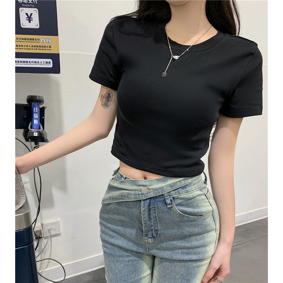 QADCOL Áo Thun Tay Ngắn Cổ Tròn Màu Trơn Đơn Giản Thời Trang Mùa Hè Cho Nữ