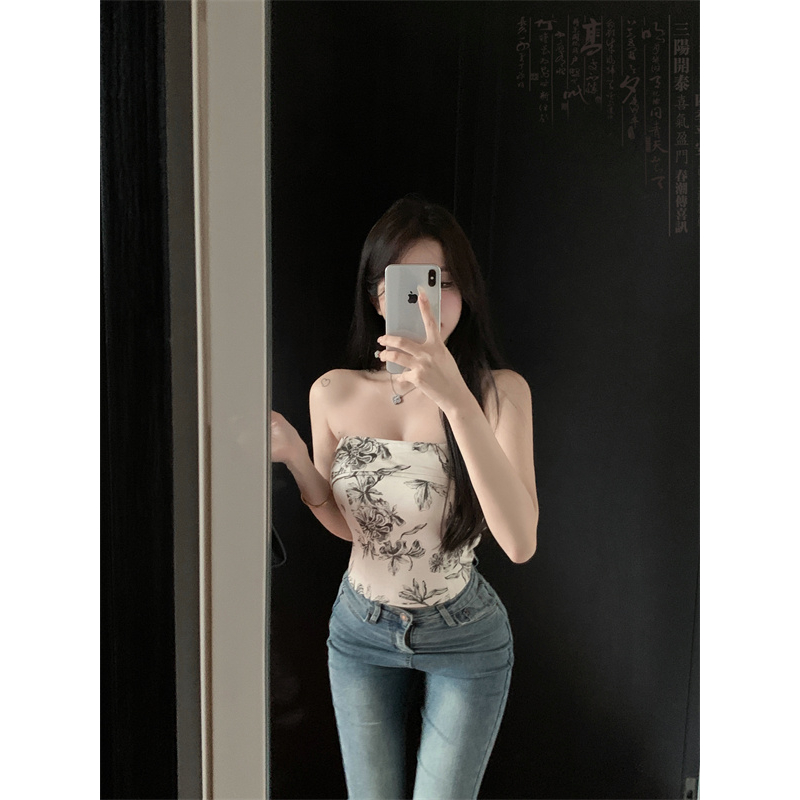 【COLORBLLIND】Áo Ống Dáng Ngắn Ôm Ngực In Họa Tiết Màu Mực Retro Quyến Rũ