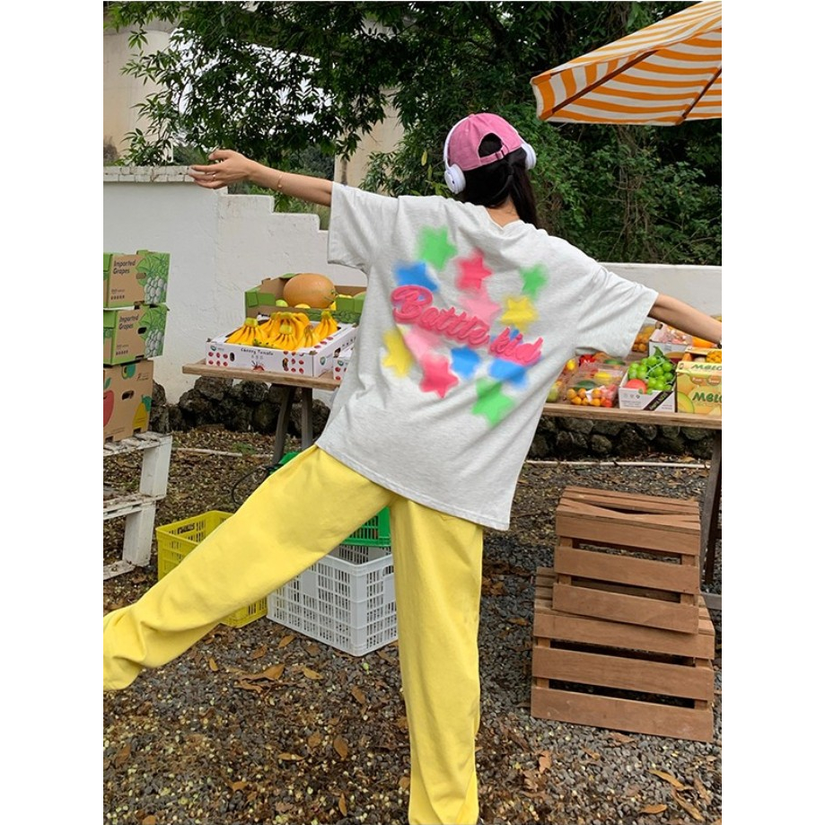 「 WELOVE1 」Áo Thun cotton Tay Ngắn Dáng Rộng In Họa Tiết Thời Trang Mùa Hè