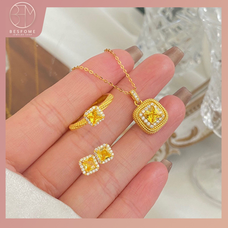 Besfome Bộ Trang Sức Vòng cổ Nhẫn Bông Tai Mặt Vuông Nhỏ Siêu Sáng Bóng Đính Kim Cương Pha Lê Vàng Sang Trọng Cho Nữ