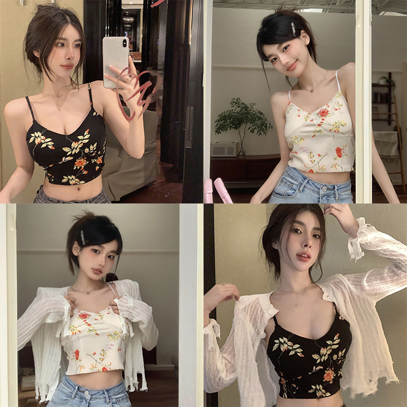 Áo tank top Hai Dây Hở Rốn In Họa Tiết Hoa Phong Cách Retro Hàn Quốc Cho Nữ