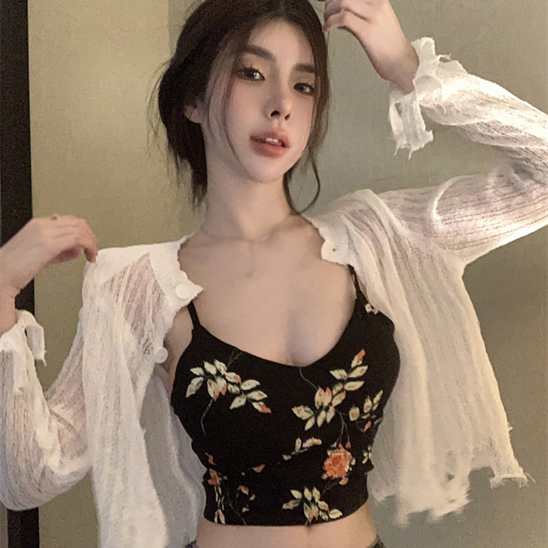 Áo tank top Hai Dây Hở Rốn In Họa Tiết Hoa Phong Cách Retro Hàn Quốc Cho Nữ