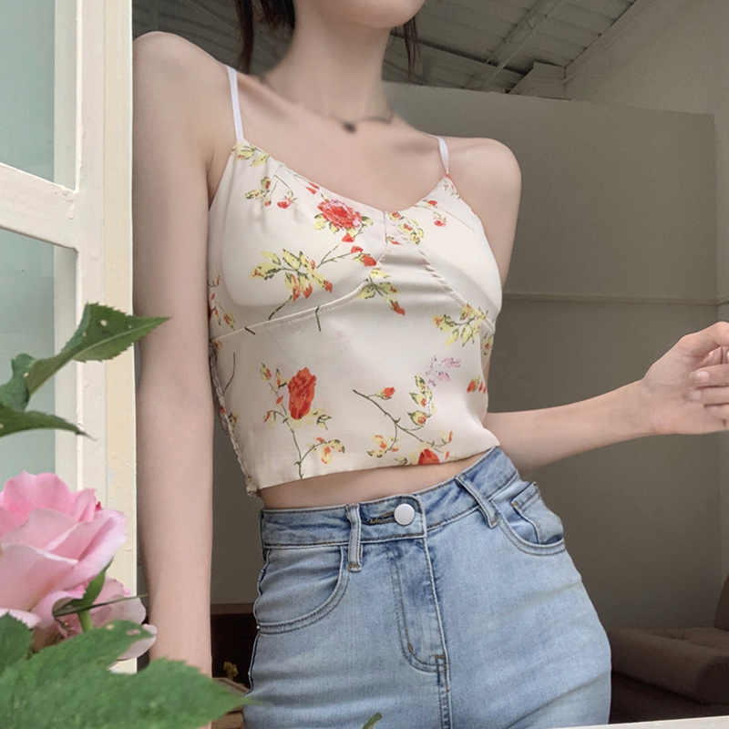 Áo tank top Hai Dây Hở Rốn In Họa Tiết Hoa Phong Cách Retro Hàn Quốc Cho Nữ
