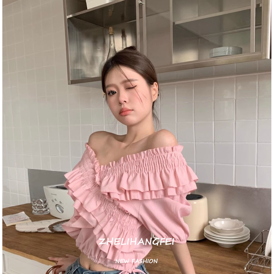 ZHELIHANGFEI Áo Kiểu Trễ Vai Tay Ngắn Màu Hồng Ngọt Ngào