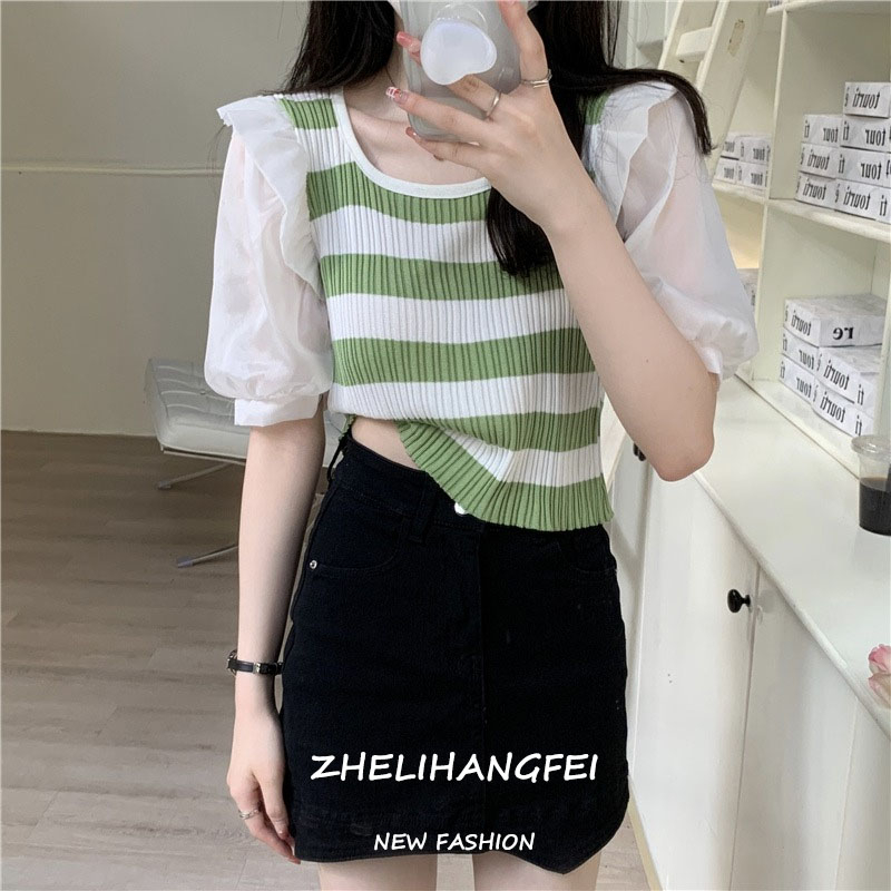 ZHELIHANGFEI Áo Sweater Tay Ngắn Phồng Mỏng Họa Tiết Kẻ Sọc Ngọt Ngào Cho Nữ
