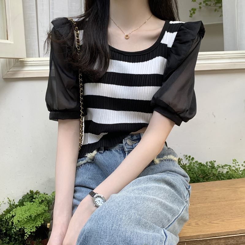 ZHELIHANGFEI Áo Sweater Tay Ngắn Phồng Mỏng Họa Tiết Kẻ Sọc Ngọt Ngào Cho Nữ