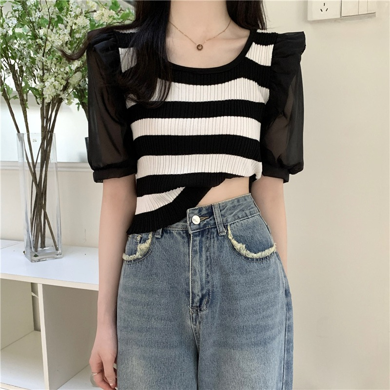 ZHELIHANGFEI Áo Sweater Tay Ngắn Phồng Mỏng Họa Tiết Kẻ Sọc Ngọt Ngào Cho Nữ