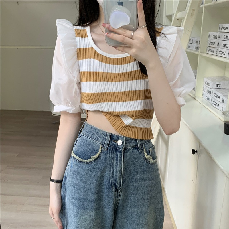 ZHELIHANGFEI Áo Sweater Tay Ngắn Phồng Mỏng Họa Tiết Kẻ Sọc Ngọt Ngào Cho Nữ