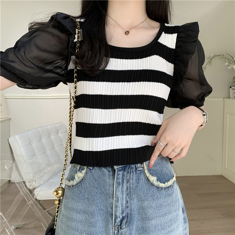 ZHELIHANGFEI Áo Sweater Tay Ngắn Phồng Mỏng Họa Tiết Kẻ Sọc Ngọt Ngào Cho Nữ