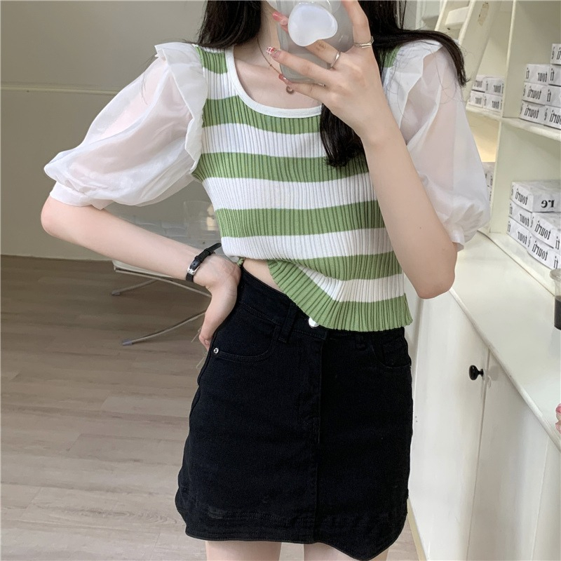 ZHELIHANGFEI Áo Sweater Tay Ngắn Phồng Mỏng Họa Tiết Kẻ Sọc Ngọt Ngào Cho Nữ