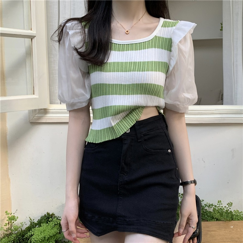 ZHELIHANGFEI Áo Sweater Tay Ngắn Phồng Mỏng Họa Tiết Kẻ Sọc Ngọt Ngào Cho Nữ