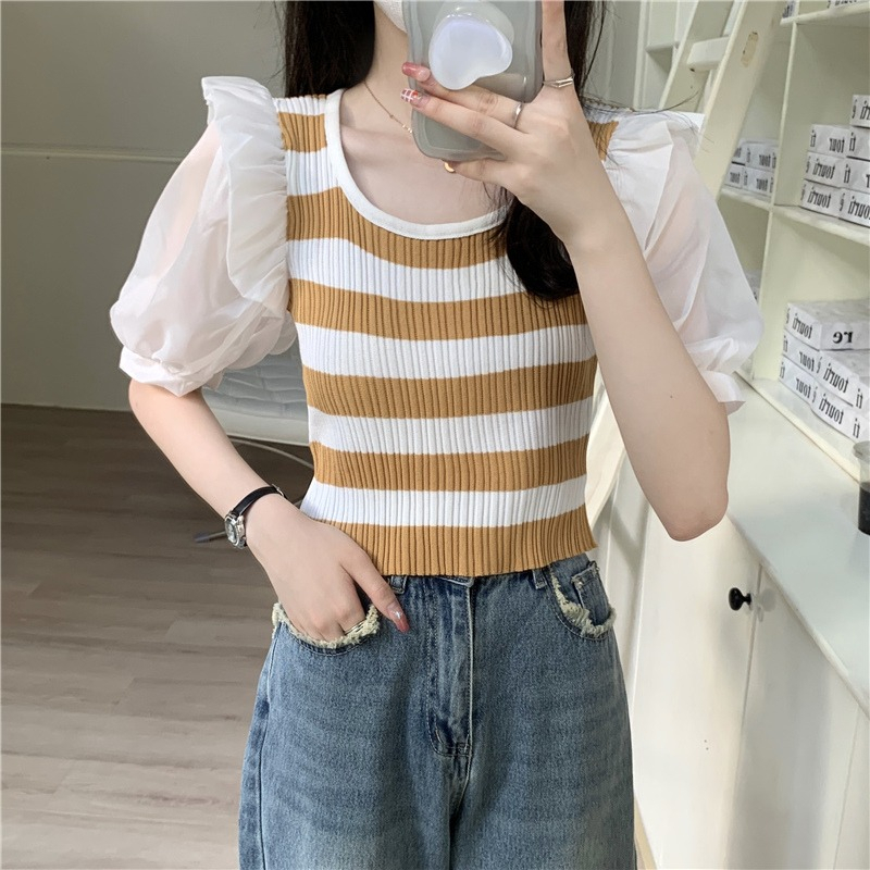 ZHELIHANGFEI Áo Sweater Tay Ngắn Phồng Mỏng Họa Tiết Kẻ Sọc Ngọt Ngào Cho Nữ