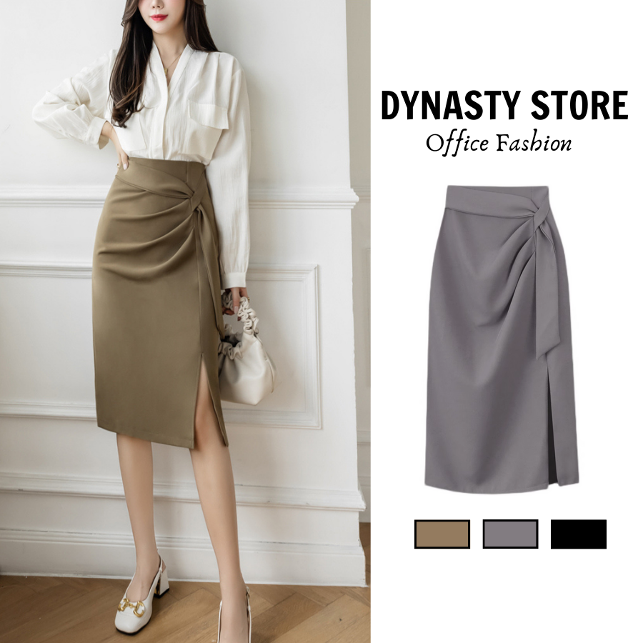 Chân váy bút chì cạp cao công sở DYNASTY STORE sang trọng, lịch sự, thanh lịch, váy midi xẻ tà, buộc dây thời trang xuân hè dành cho nữ