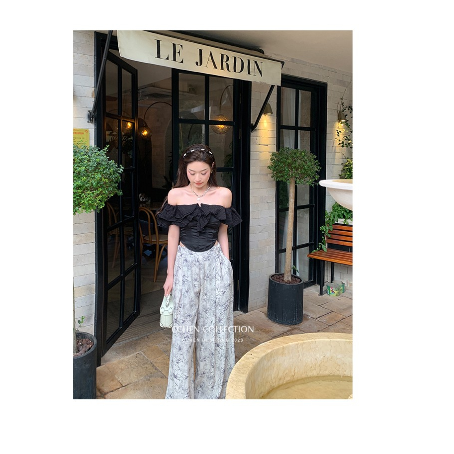 Áo Kiểu Trễ Vai Dáng Chữ u Viền Bèo Nhún Phong Cách Pháp Ngọt Ngào Cao Cấp