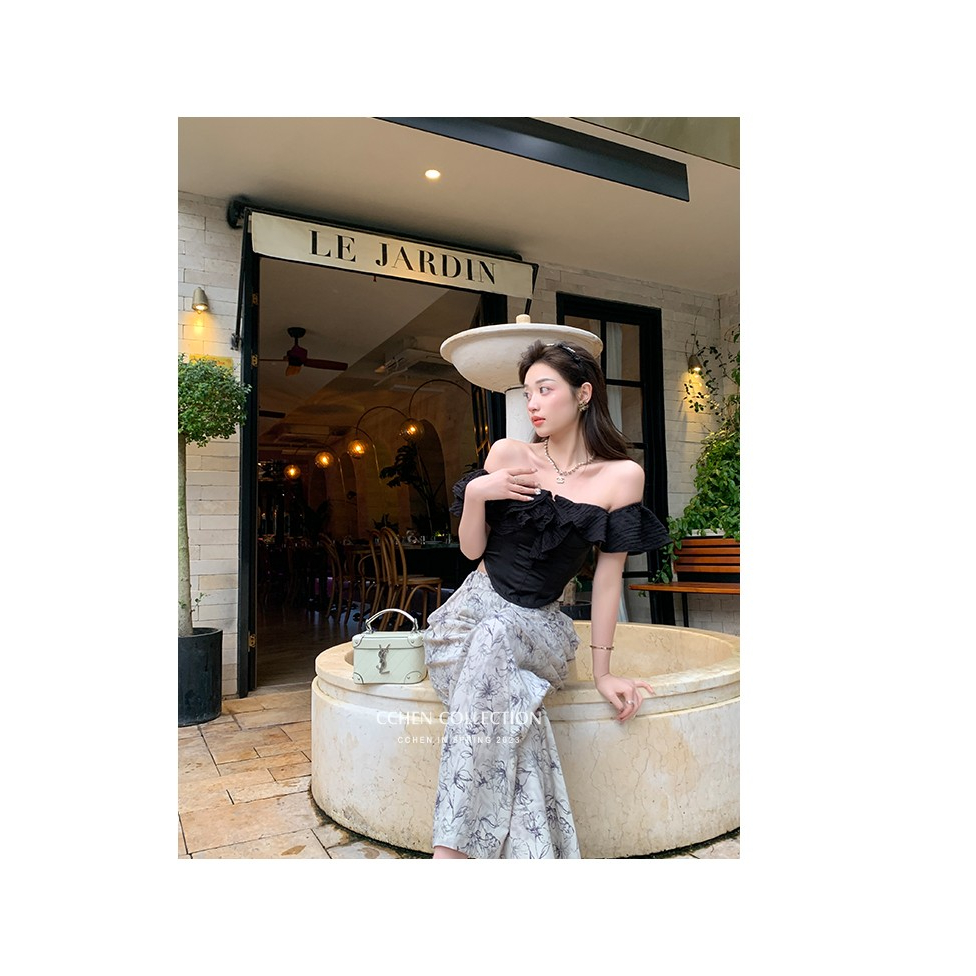 Áo Kiểu Trễ Vai Dáng Chữ u Viền Bèo Nhún Phong Cách Pháp Ngọt Ngào Cao Cấp