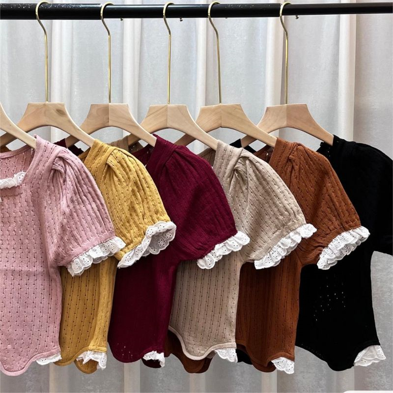 Áo Thun Ngắn Tay Cổ Vuông Phối Ren Thời Trang Mùa Hè Cho Nữ