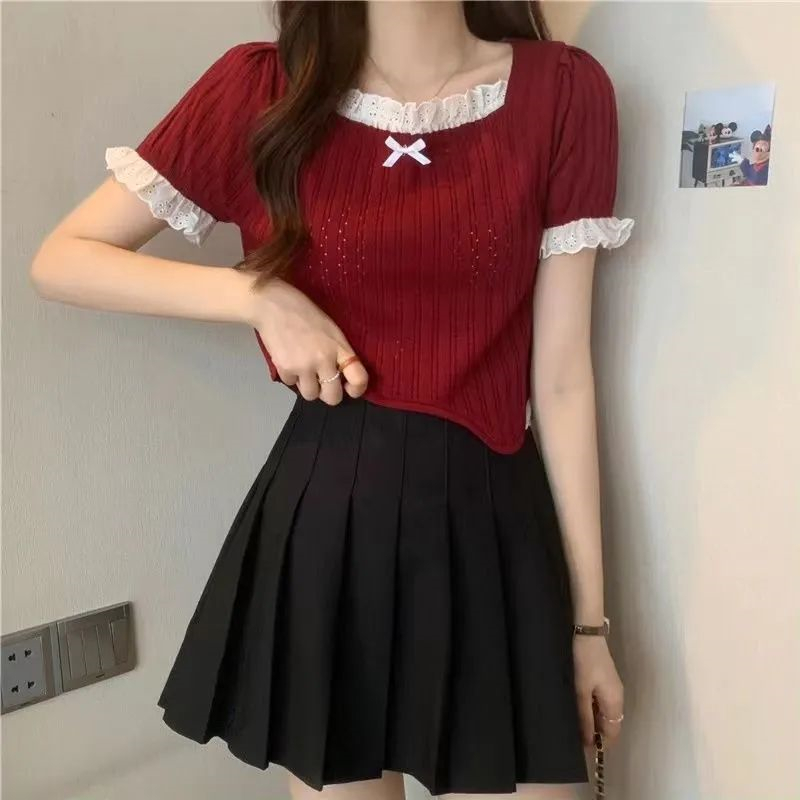 Áo Thun Ngắn Tay Cổ Vuông Phối Ren Thời Trang Mùa Hè Cho Nữ