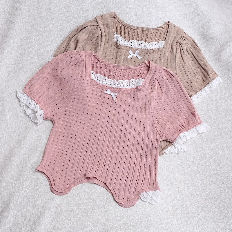 Áo Thun Ngắn Tay Cổ Vuông Phối Ren Thời Trang Mùa Hè Cho Nữ