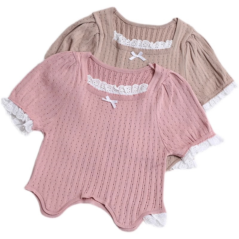 Áo Thun Ngắn Tay Cổ Vuông Phối Ren Thời Trang Mùa Hè Cho Nữ