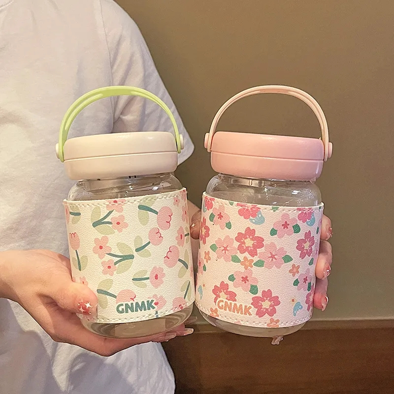 Cốc Thủy Tinh Uống Trà Chịu Nhiệt Cao Có Nắp Họa Tiết Hoa Tulip Dễ Thương