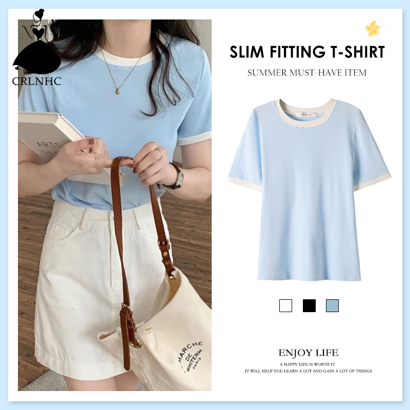 CRLNHC Áo Thun Tay Ngắn Cổ Tròn Dáng Ôm Phối Màu Tương Phản Thời Trang Mùa Hè Cho Nữ