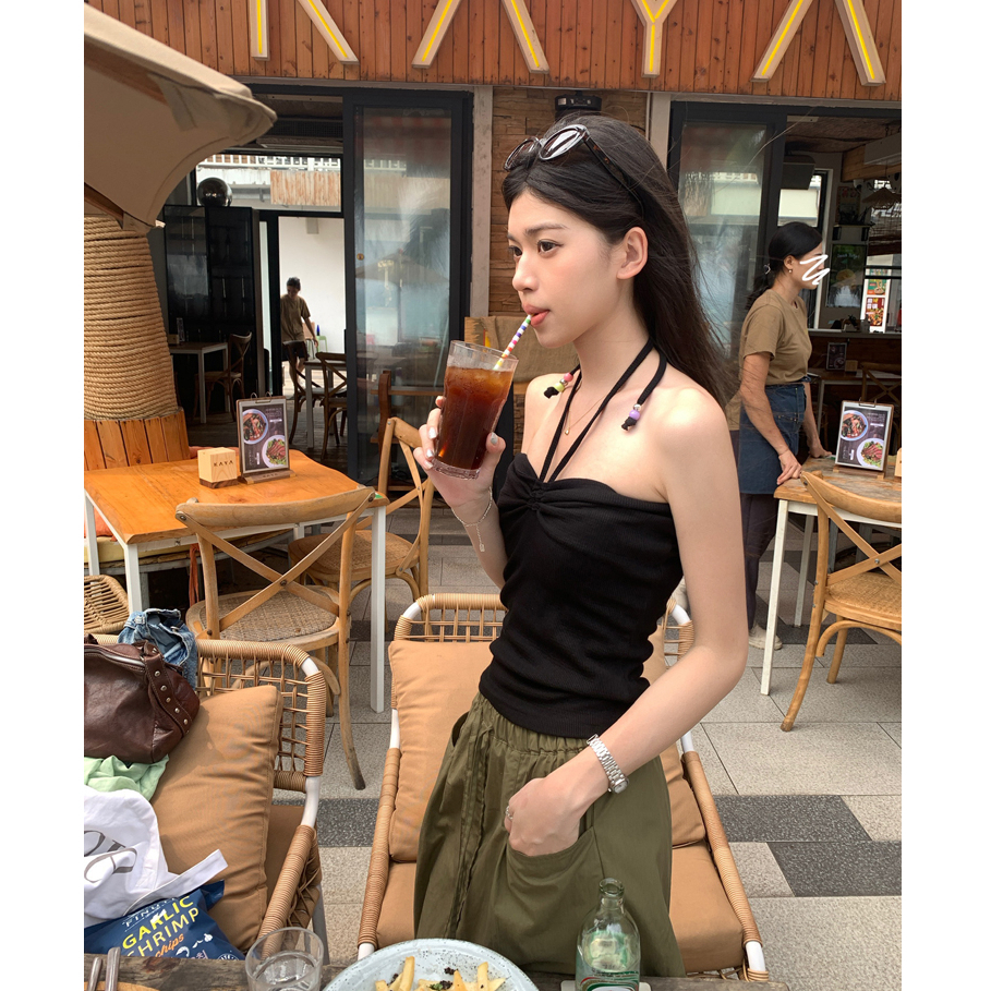 【JMWOMEN】Áo Ống Dây Rút Ngắn Cổ Yếm Đính Hạt Kẻ Sọc Dễ Thương Thiết Kế Dành Cho Bạn Gái Nóng Bỏng