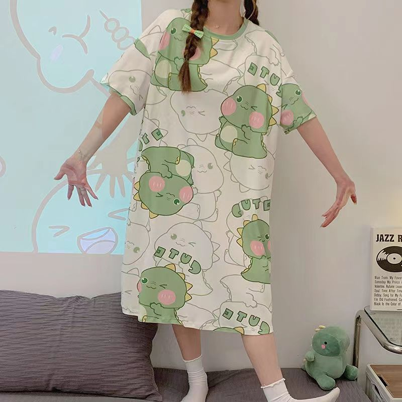 Đầm Ngủ Tay Ngắn Dáng Rộng In Họa Tiết Hoạt Hình Phong Cách Hàn Quốc Thời Trang Mùa Hè Xinh Xắn Cho Nữ