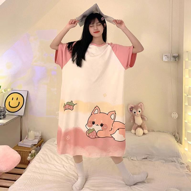 Đầm Ngủ Tay Ngắn Dáng Rộng In Họa Tiết Hoạt Hình Phong Cách Hàn Quốc Thời Trang Mùa Hè Xinh Xắn Cho Nữ