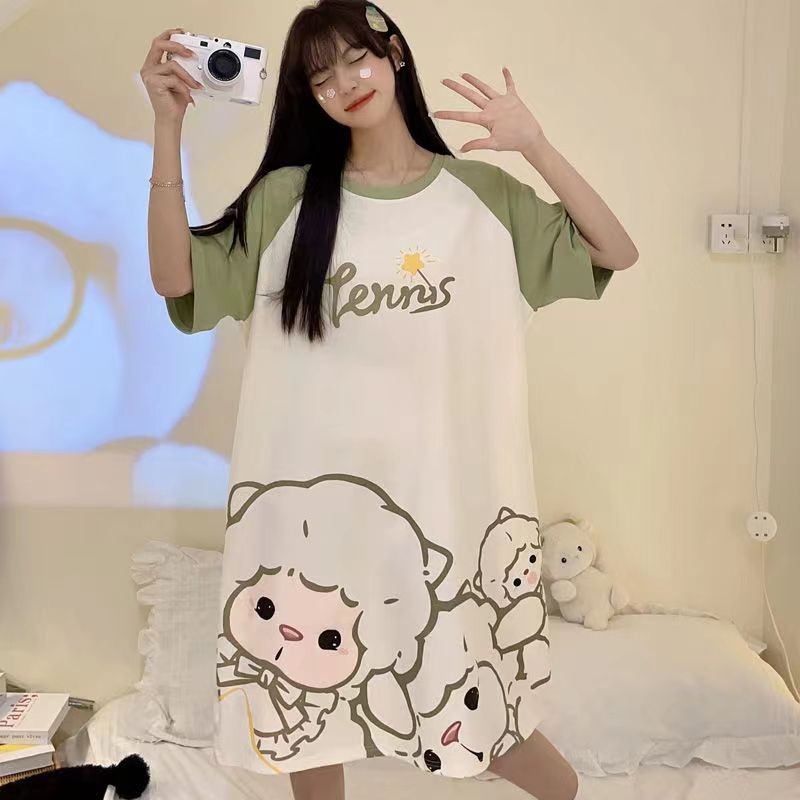 Đầm Ngủ Tay Ngắn Dáng Rộng In Họa Tiết Hoạt Hình Phong Cách Hàn Quốc Thời Trang Mùa Hè Xinh Xắn Cho Nữ