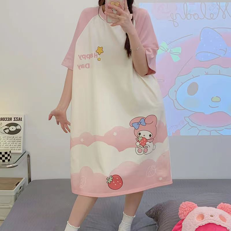 Đầm Ngủ Tay Ngắn Dáng Rộng In Họa Tiết Hoạt Hình Phong Cách Hàn Quốc Thời Trang Mùa Hè Xinh Xắn Cho Nữ