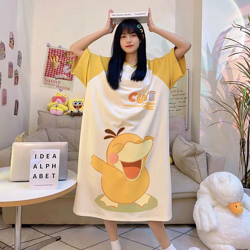 Đầm Ngủ Tay Ngắn Dáng Rộng In Họa Tiết Hoạt Hình Phong Cách Hàn Quốc Thời Trang Mùa Hè Xinh Xắn Cho Nữ
