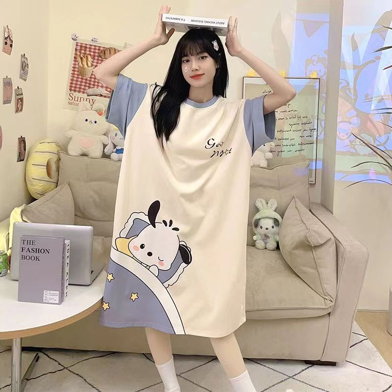 Đầm Ngủ Tay Ngắn Dáng Rộng In Họa Tiết Hoạt Hình Phong Cách Hàn Quốc Thời Trang Mùa Hè Xinh Xắn Cho Nữ