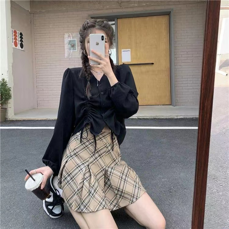 Áo Sơ Mi Nữ Dây Rút Dài Tay Cổ Chữ V Phong Cách Hàn Quốc Baju Baju Wanita Lengan Panjang Hàng Mới Có Sẵn