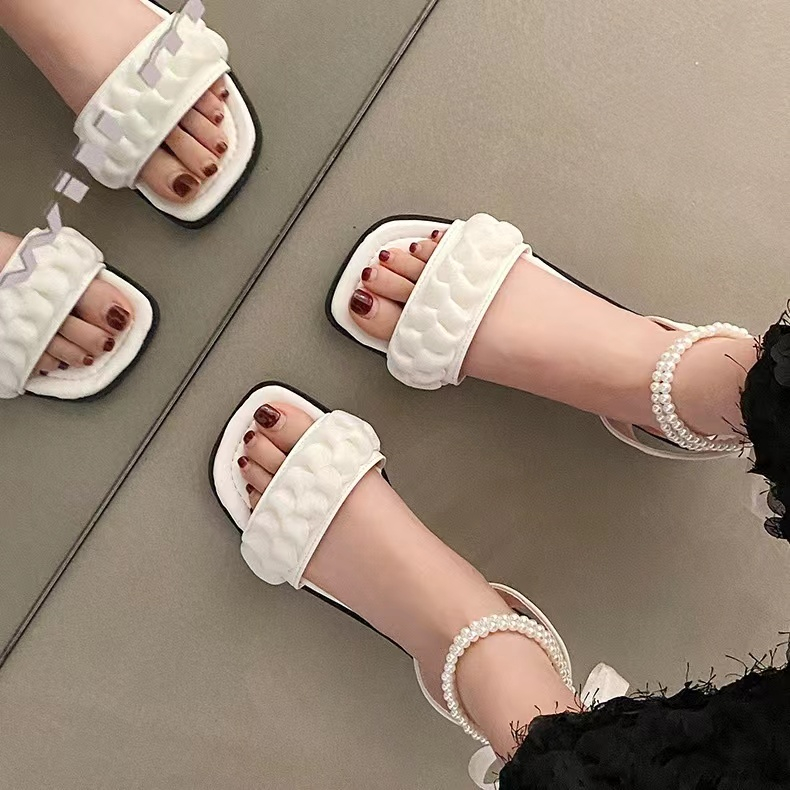 Dép Sandal Thắt Dây Đế Bằng Chống Trượt Màu Trắng / Tím Thời Trang Mùa Hè 2023 Cho Nữ