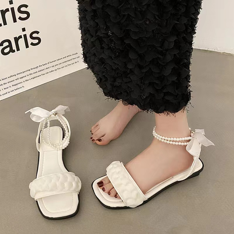 Dép Sandal Thắt Dây Đế Bằng Chống Trượt Màu Trắng / Tím Thời Trang Mùa Hè 2023 Cho Nữ