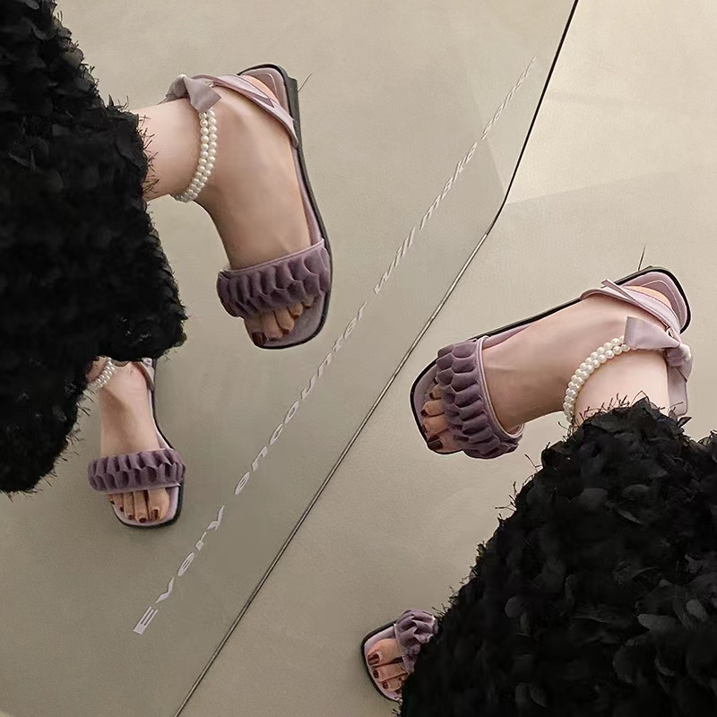 Dép Sandal Thắt Dây Đế Bằng Chống Trượt Màu Trắng / Tím Thời Trang Mùa Hè 2023 Cho Nữ