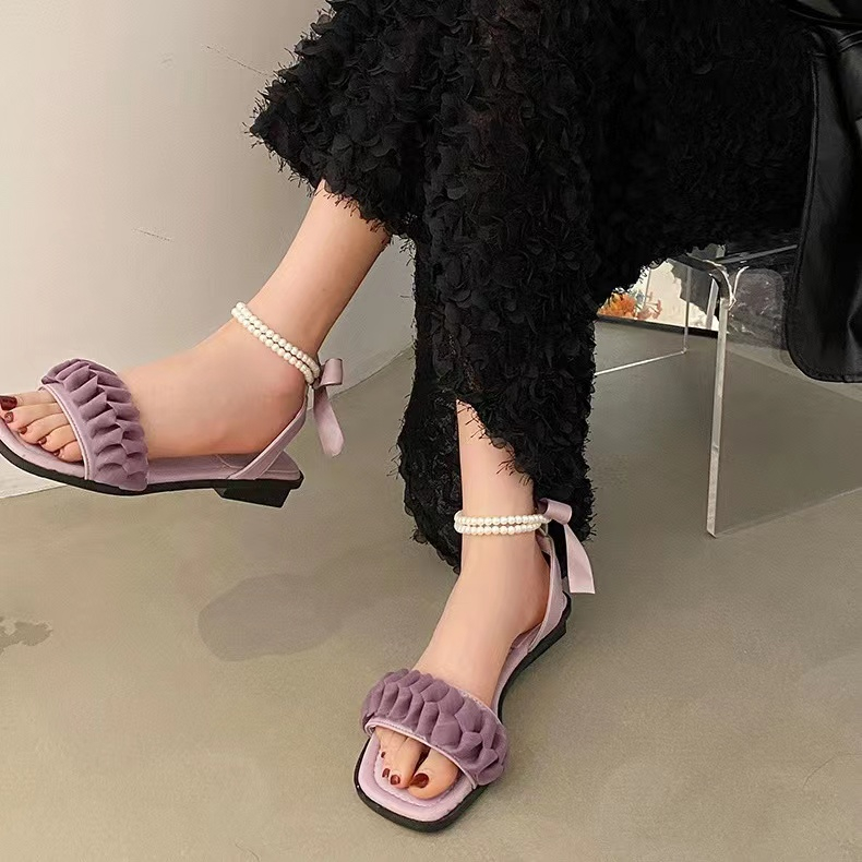 Dép Sandal Thắt Dây Đế Bằng Chống Trượt Màu Trắng / Tím Thời Trang Mùa Hè 2023 Cho Nữ