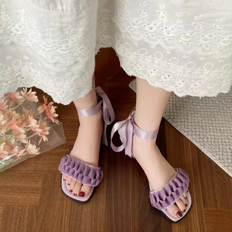 Dép Sandal Thắt Dây Đế Bằng Chống Trượt Màu Trắng / Tím Thời Trang Mùa Hè 2023 Cho Nữ