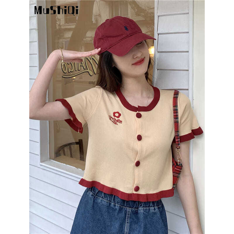 Áo cardigan Dệt Kim Mỏng Tay Ngắn Thêu Họa Tiết Màu Sắc Tương Phản Phong Cách retro Cho Nữ