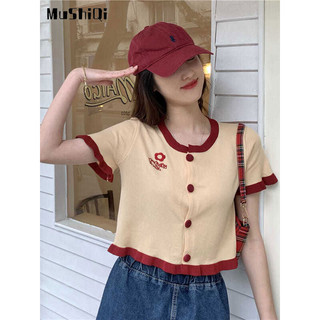 Áo cardigan Dệt Kim Mỏng Tay Ngắn Thêu Họa Tiết Màu Sắc Tương Phản Phong Cách retro Cho Nữ