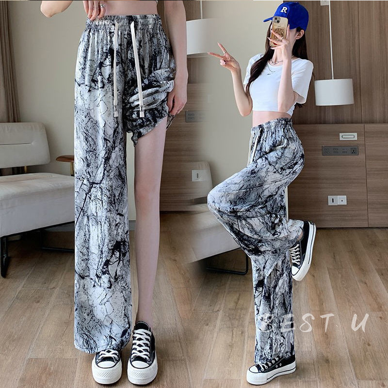 Quần Dài Lưng Cao Ống Rộng Chống Nắng Vải Lụa Mát In Họa Tiết Thời Trang Cho Nữ