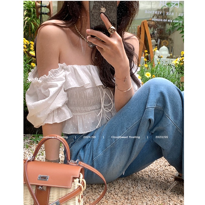 SUXI Áo Kiểu Tay Phồng Trễ Vai Màu Sắc Ngọt Ngào Thời Trang Mùa Hè